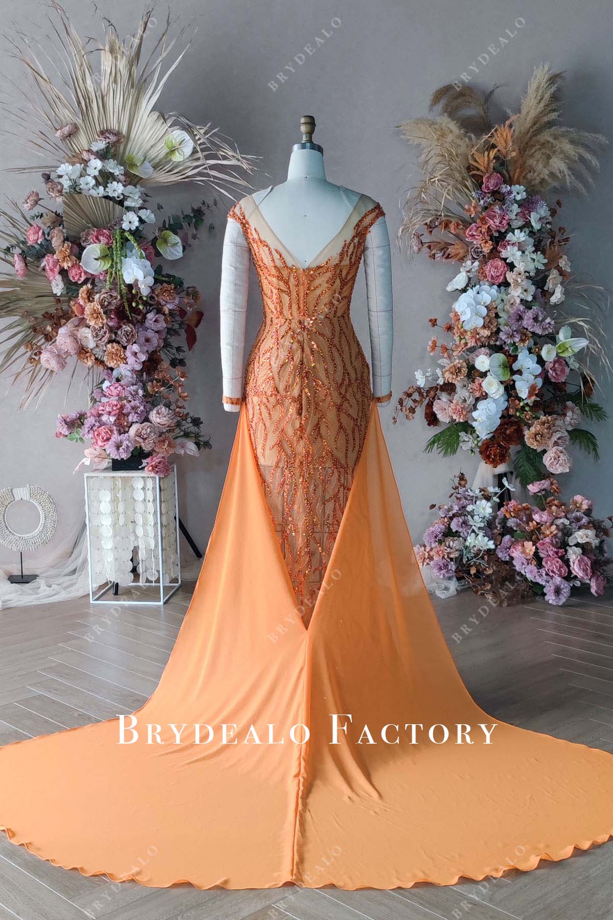 orange chiffon cape V-back pageant dress