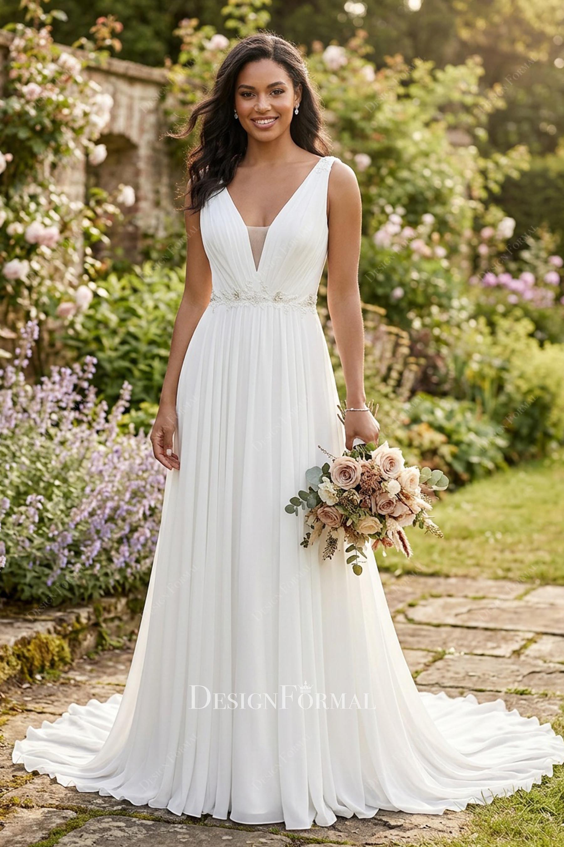 chiffon lace a line bridal dress