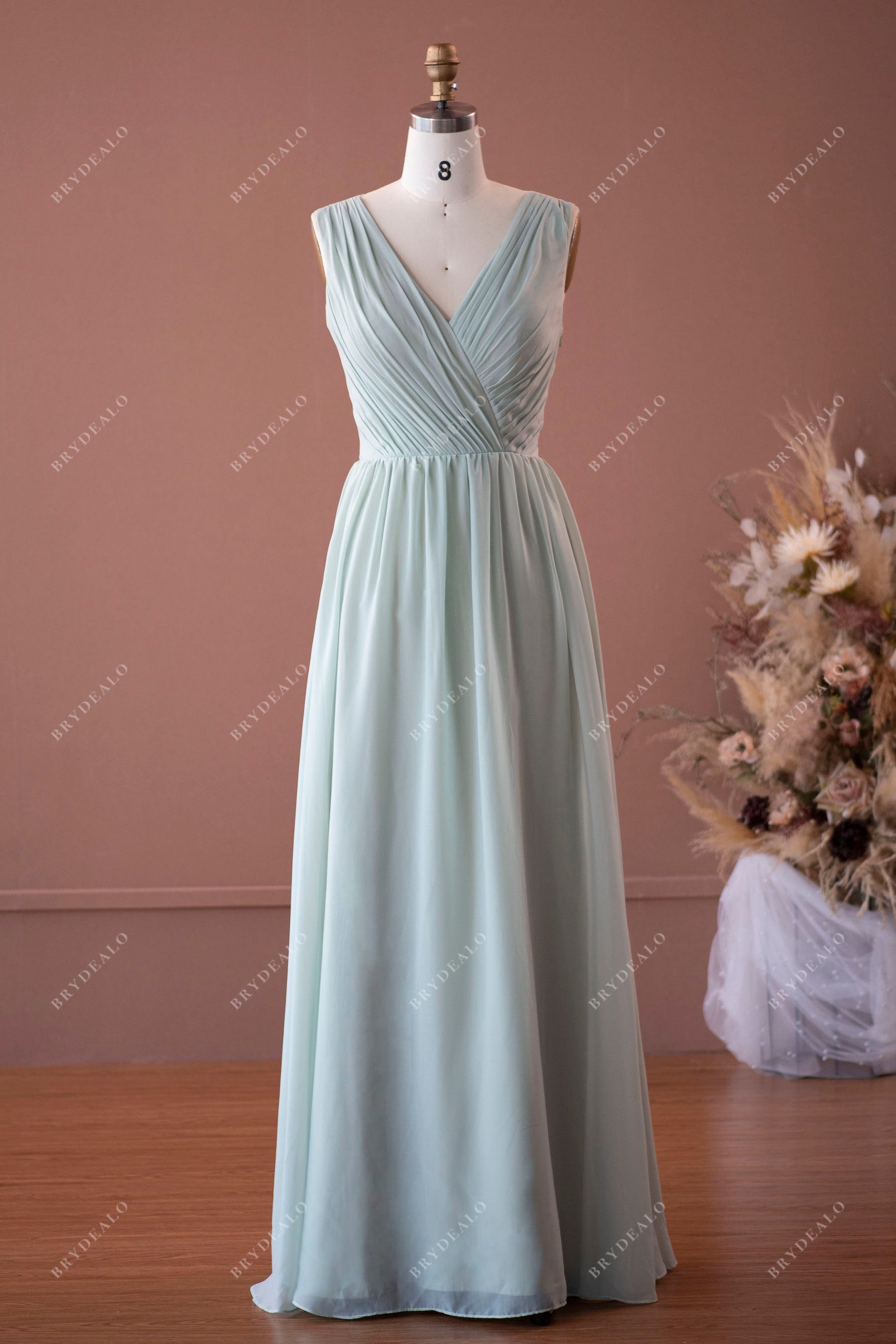 mint green ruched V-neck chiffon A-line bridesmaid dress