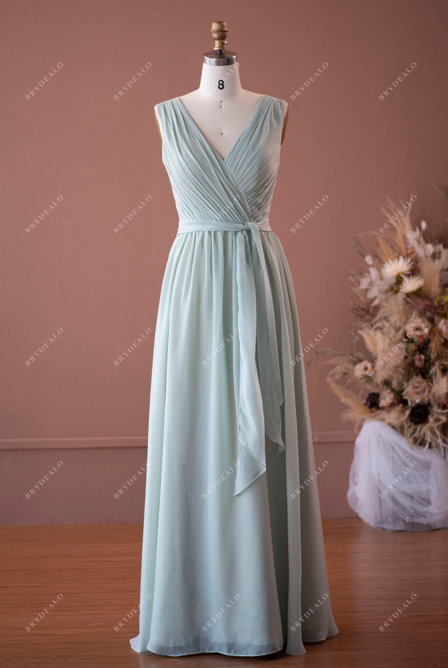 Sage Chiffon Ruched A-line Bridesmaid Dress with Sash