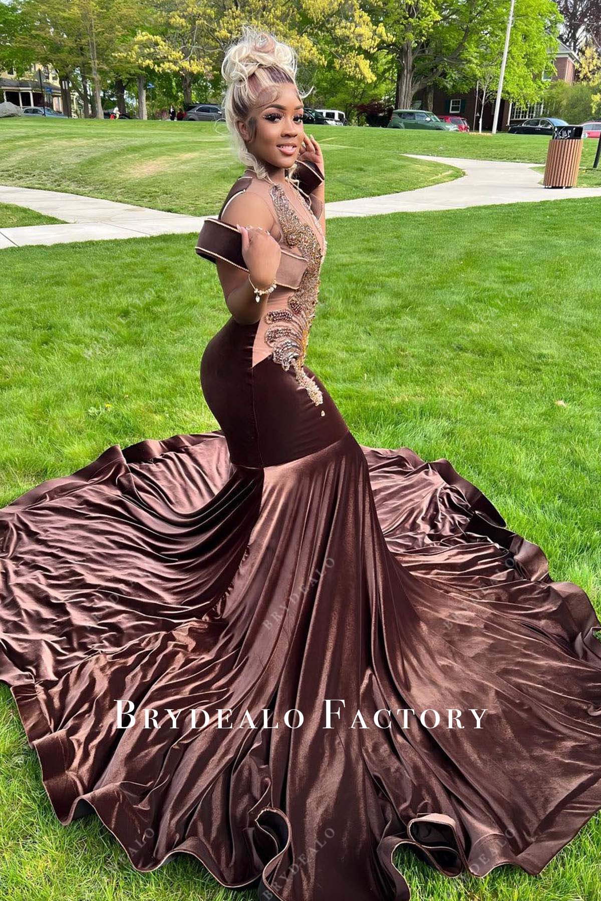 coffee velvet horsehair long prom dress