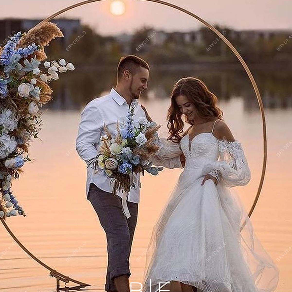 cold shoulder beach wedding dress Cold Shoulder Designer Lace Plunging Neck Beach Autumn Wedding Dress