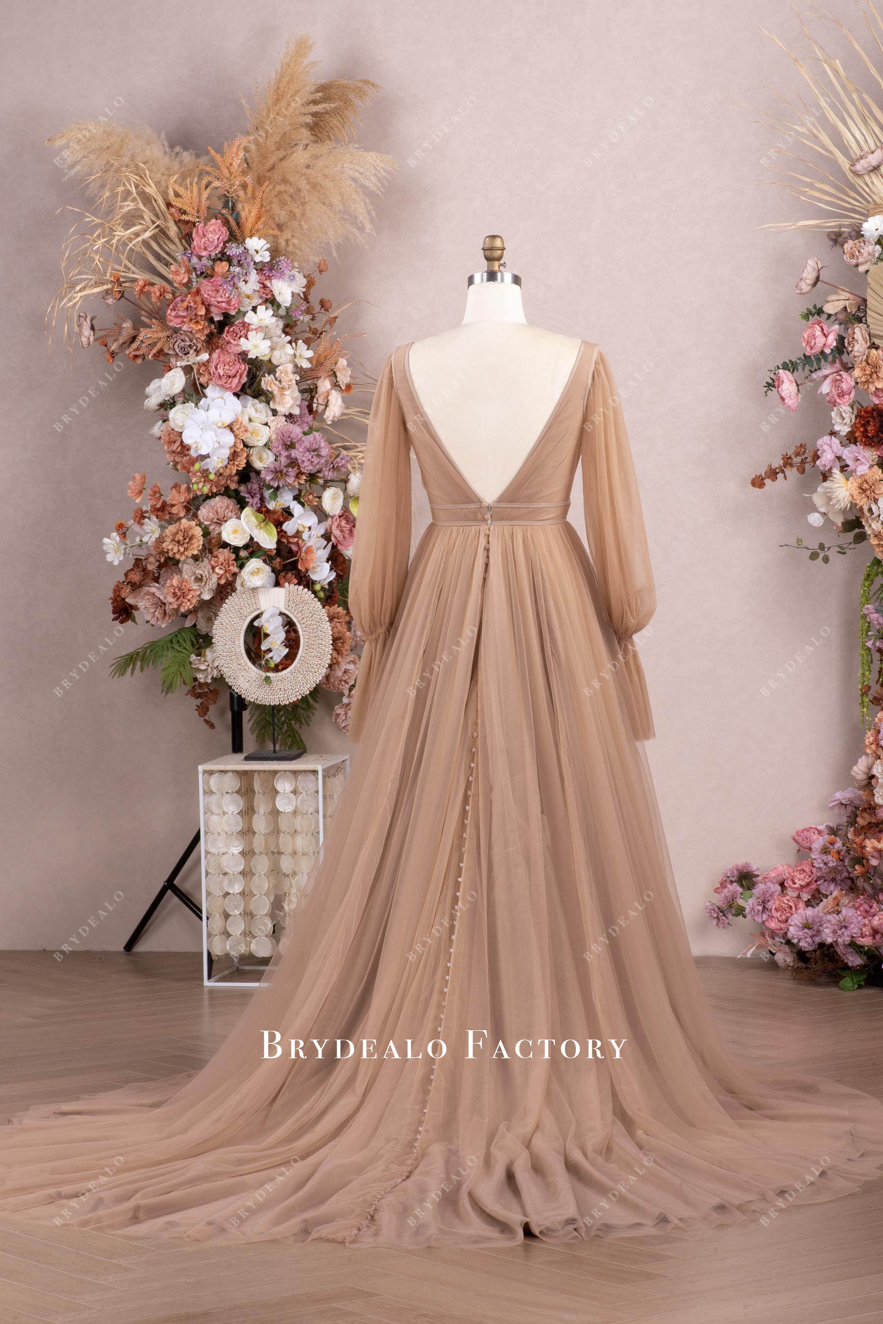 colored long sleeve tulle bridal gown