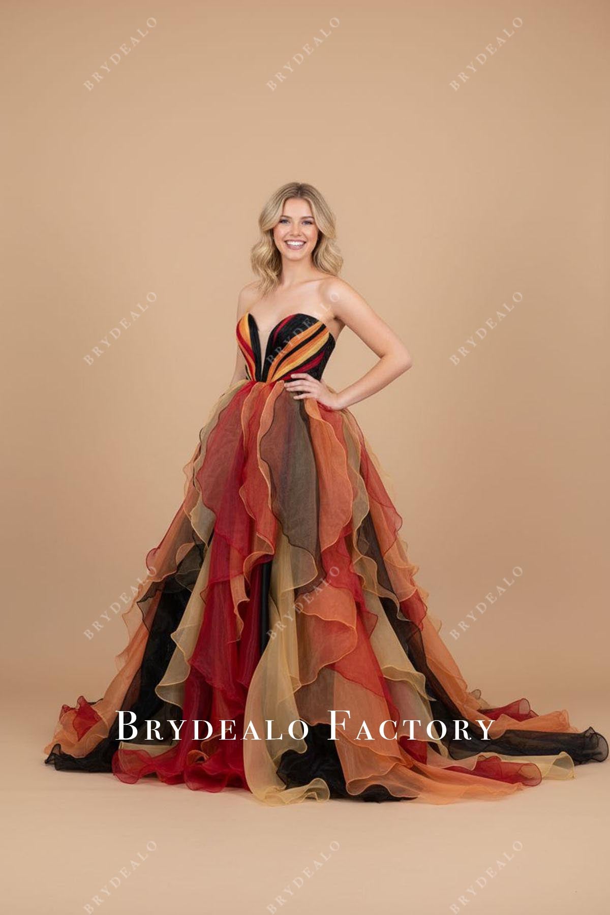 colorful Organza strapless a line prom dress