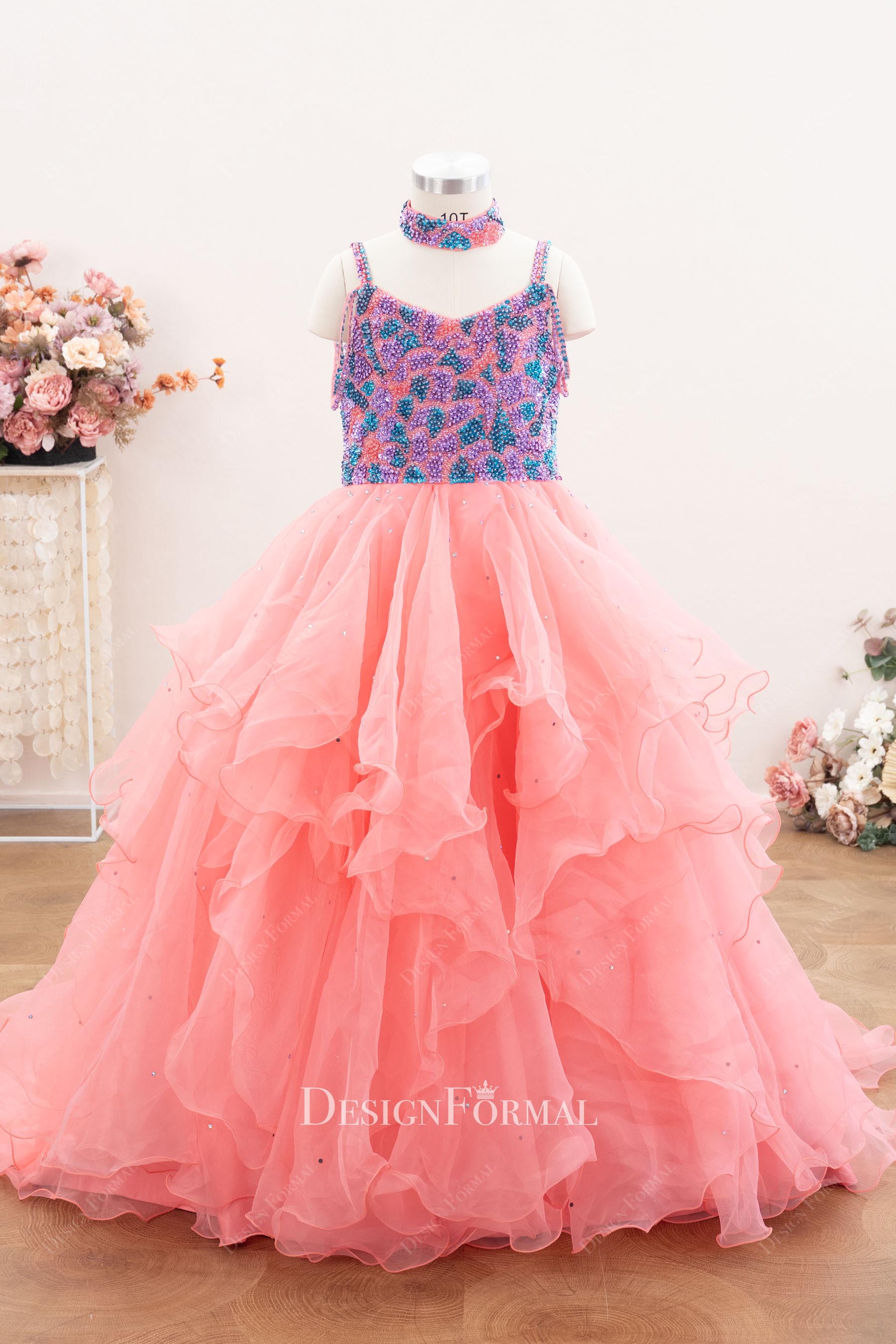 colorful beaded choker teen pageant gown