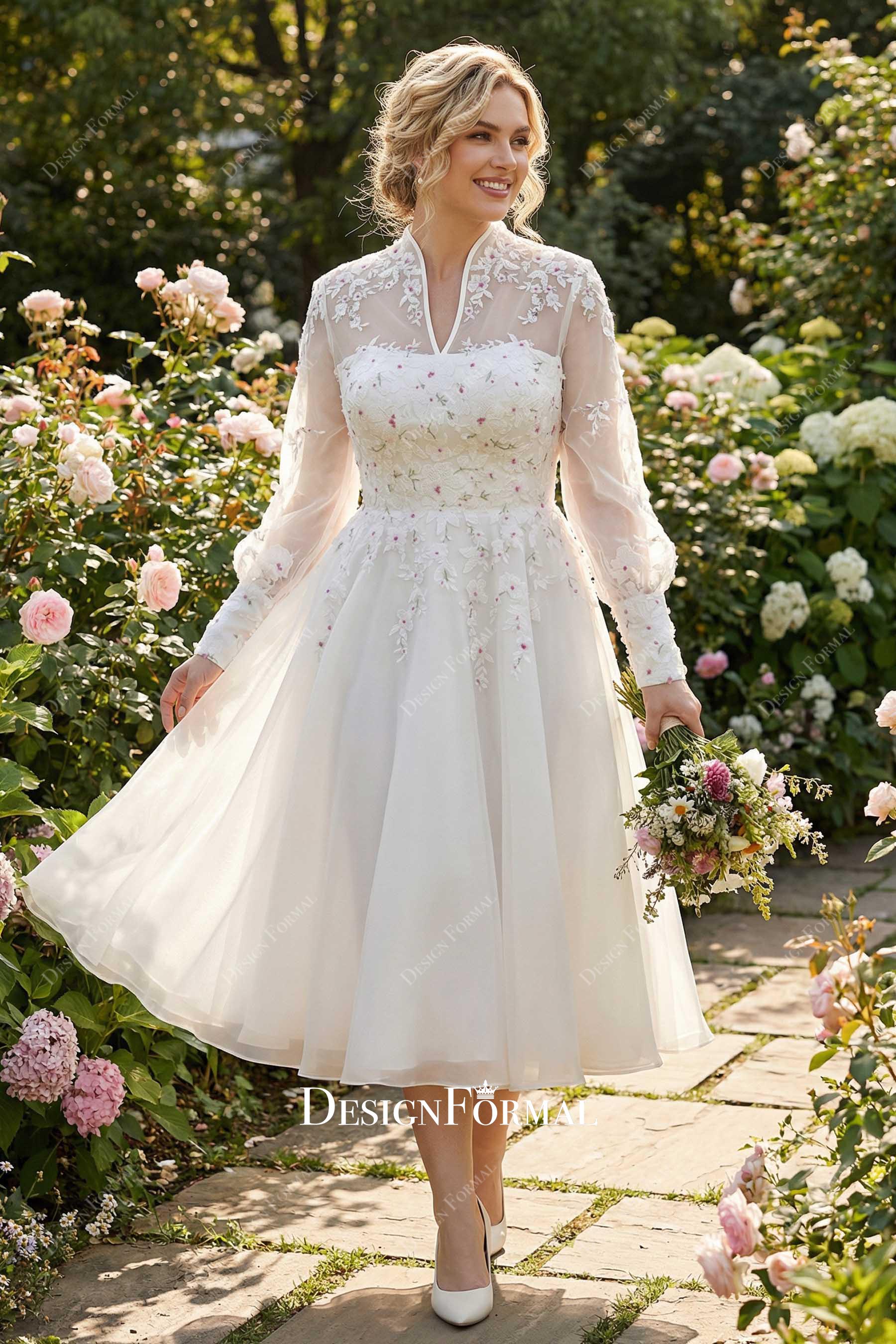 Spring Colorful Lace Long Sleeve Midi Garden Wedding Dress