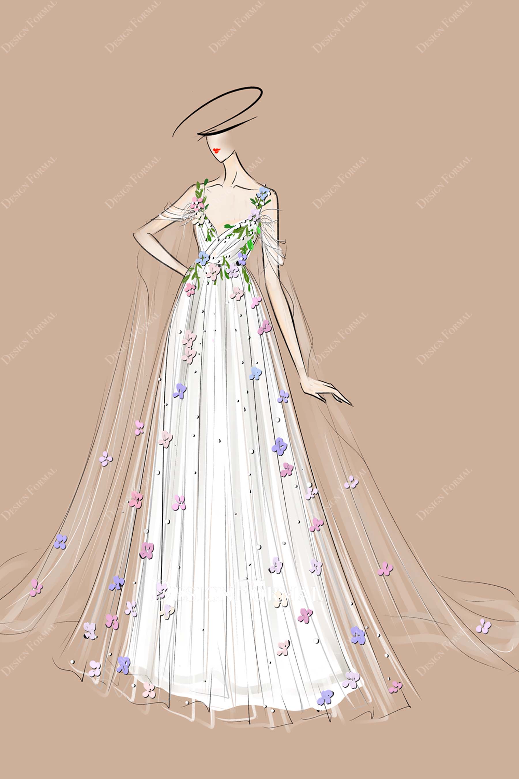 Colorful Petals Cold Shoulder Empire Wedding Dress Sketch