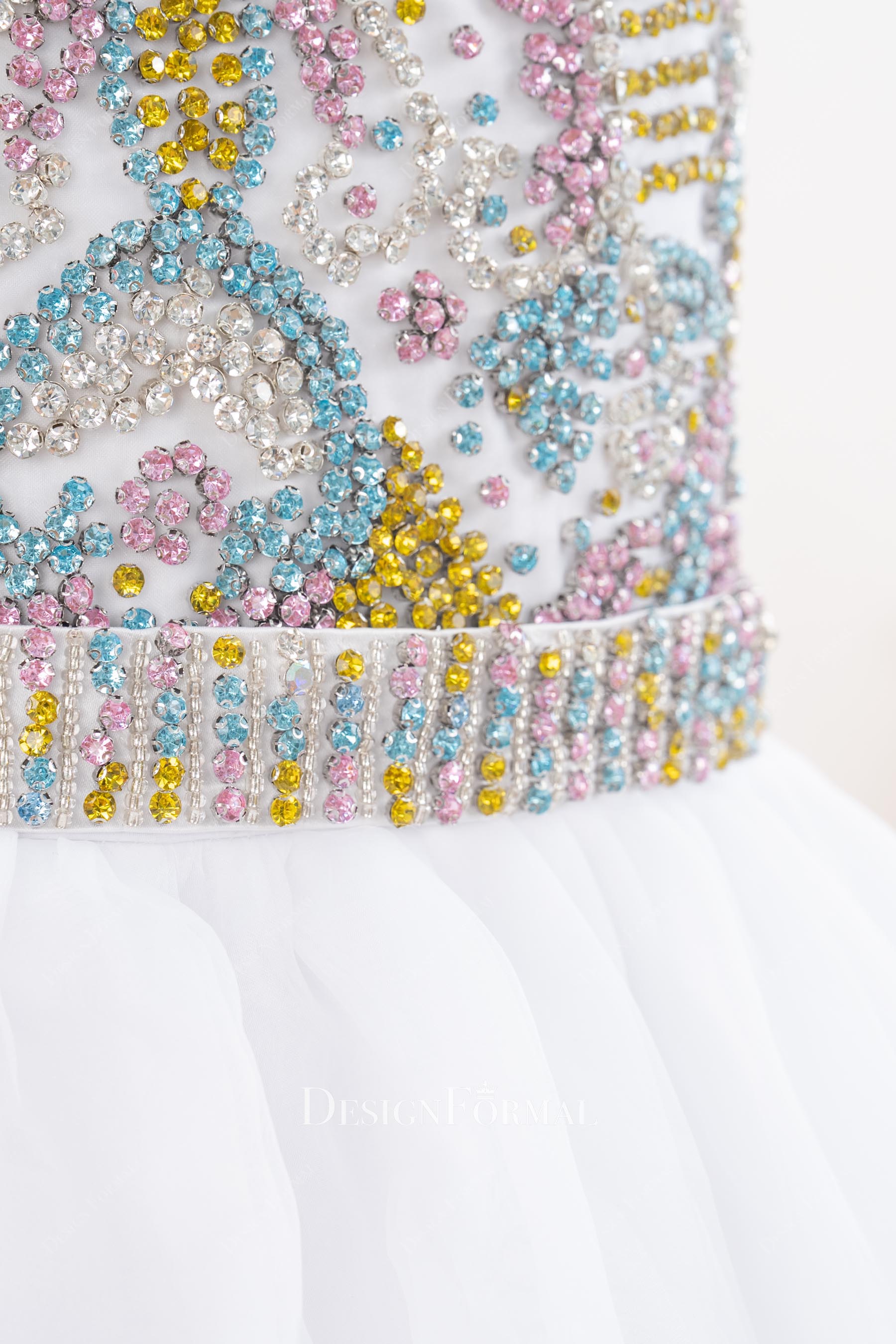 colorful rhinestones white organza pageant dress
