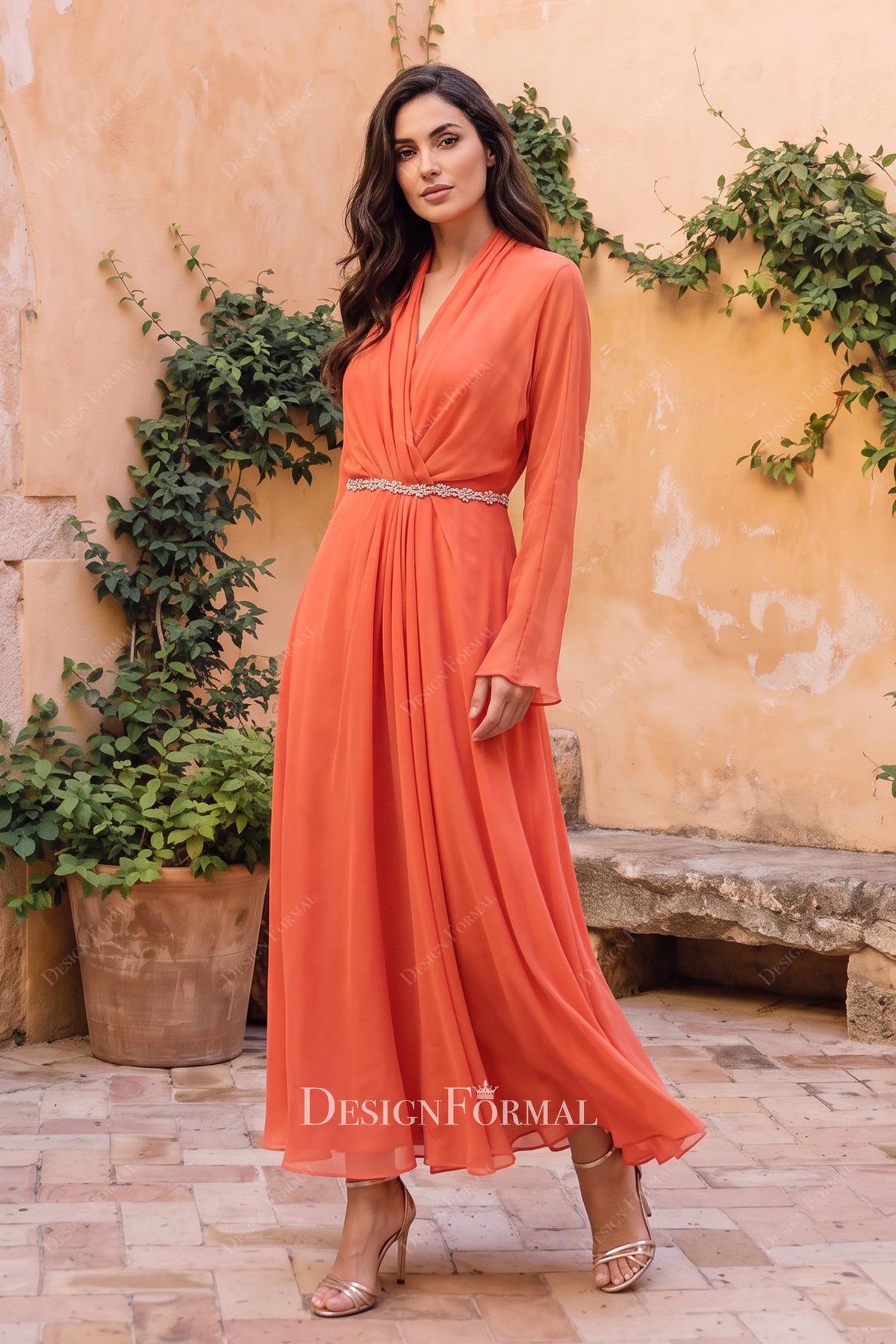 coral chiffon evening dress