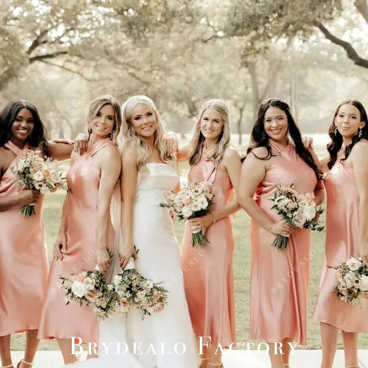 Coral Stain Halter A-Line Tea Length Bridesmaid Dress Coral Stain Halter A-Line Tea Length Bridesmaid Dress