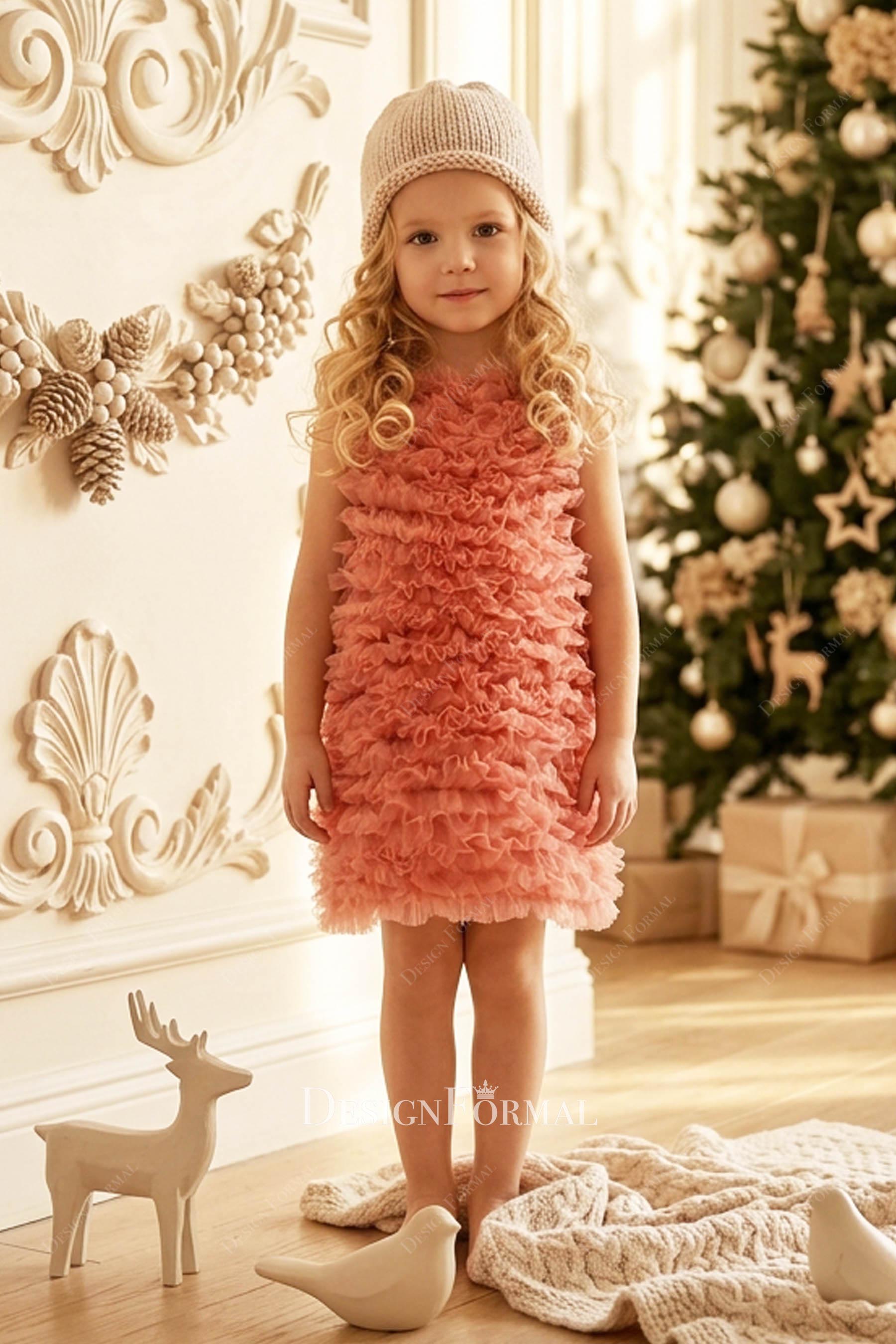 coral ruffled tulle kids dress