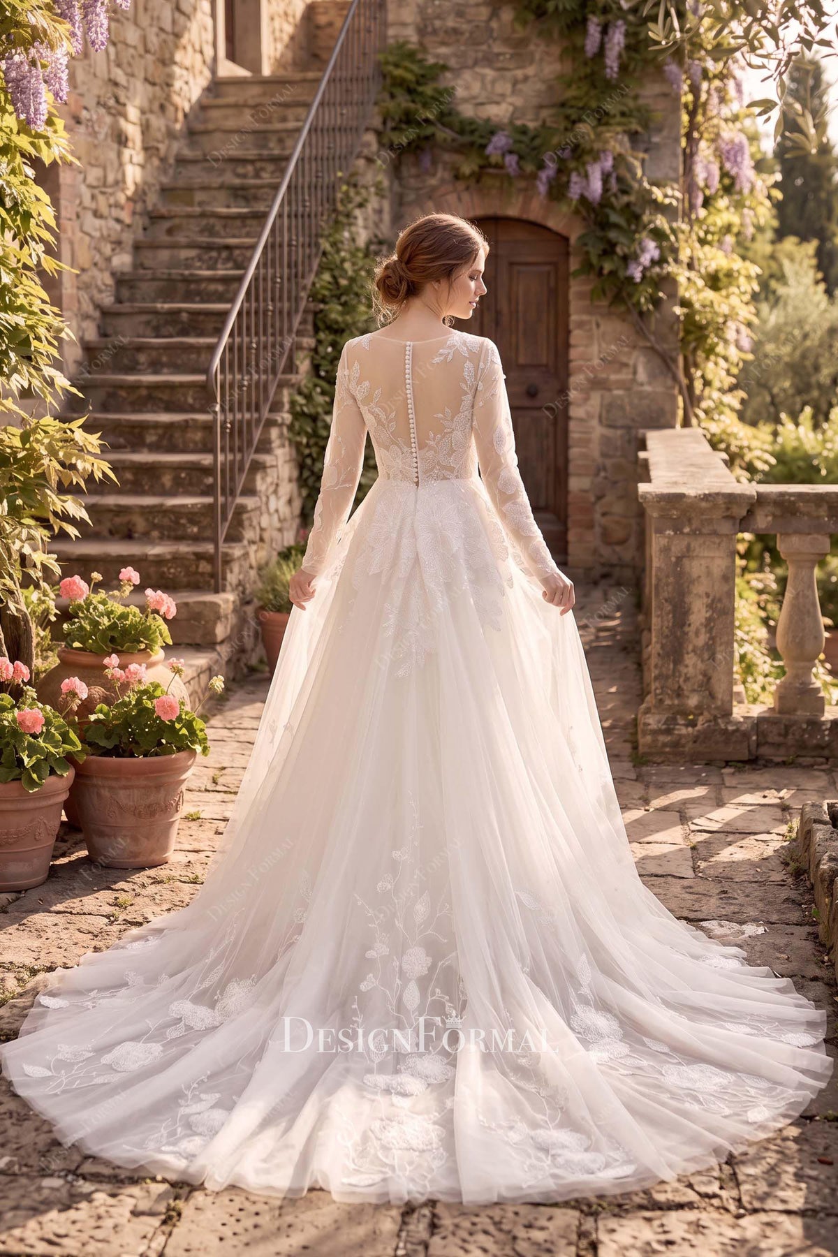 corded flower lace a line wedding dress