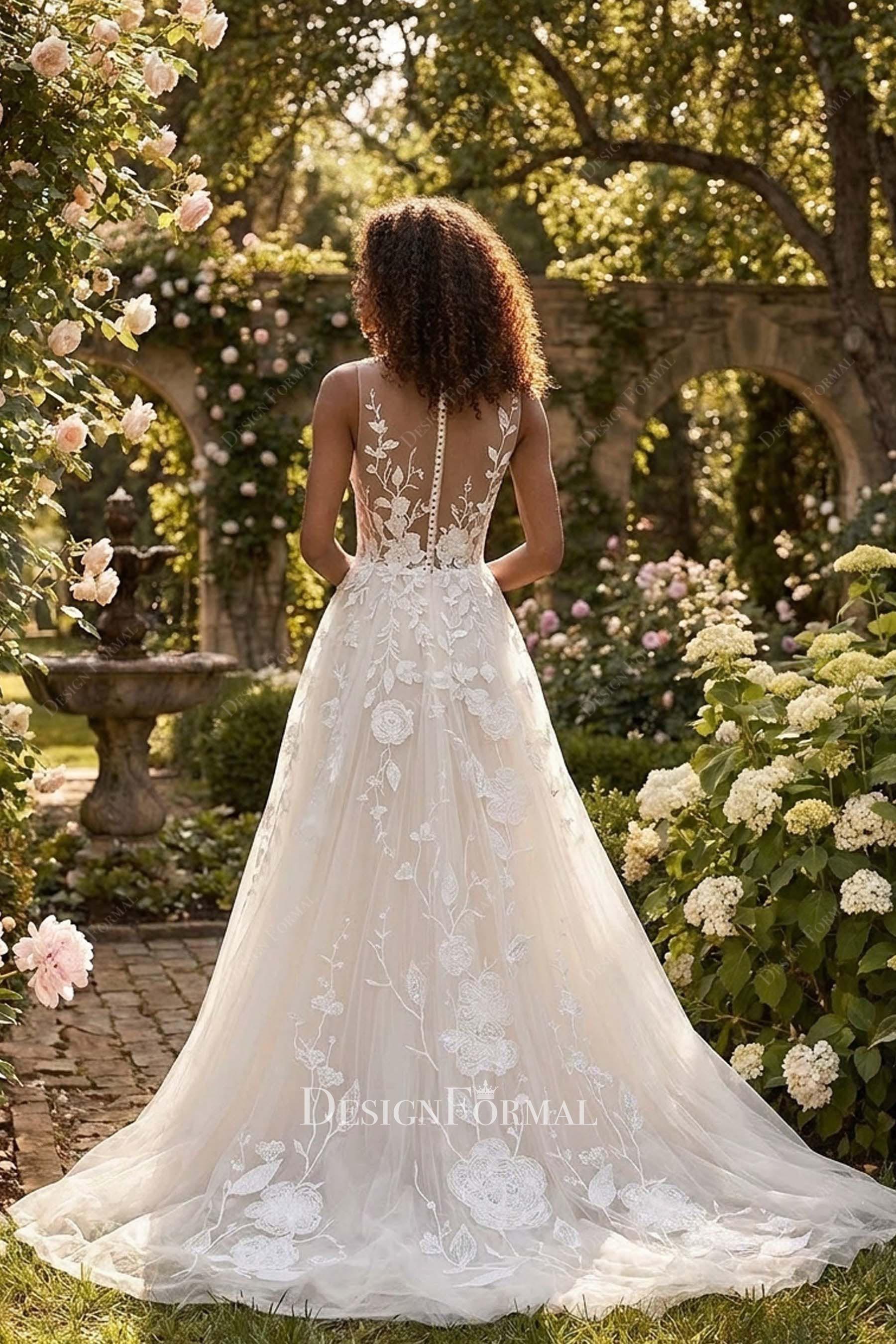 cording lace long train wedding dress