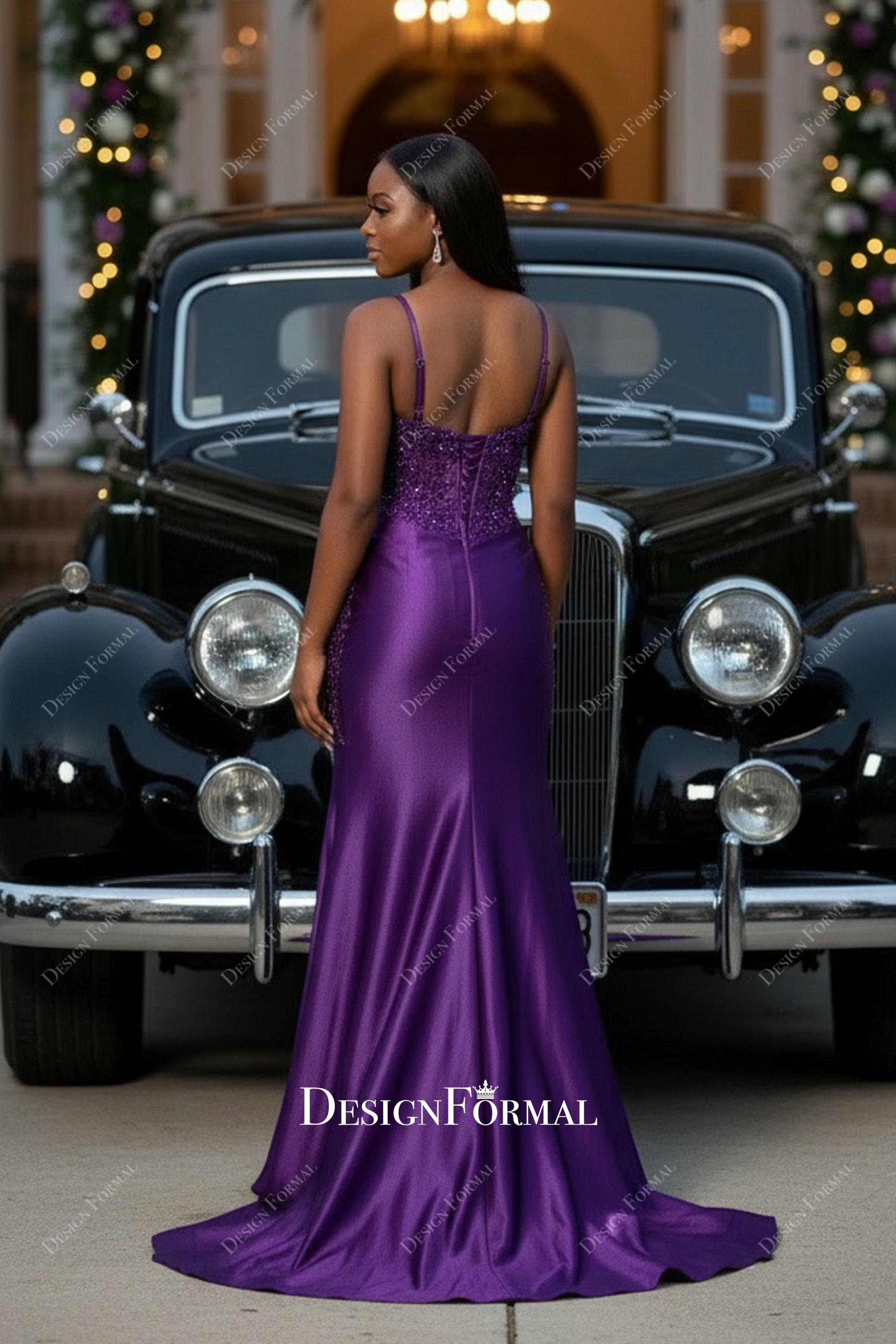 corset back grape sweep train prom dress