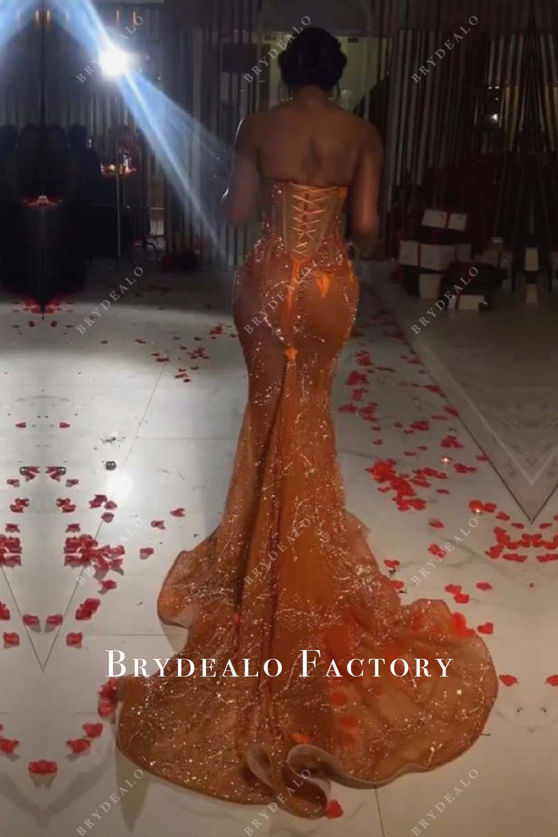 Orange Strapless Sparkly Sheer Mermaid Corset Back Birthday Prom Dress