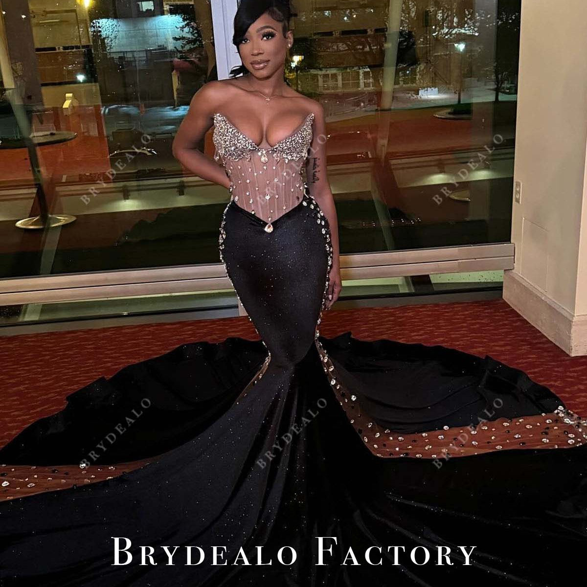 Nude Corset Black Trumpet Long Train Prom Dress Nude Corset Black Trumpet Long Train Prom Dress