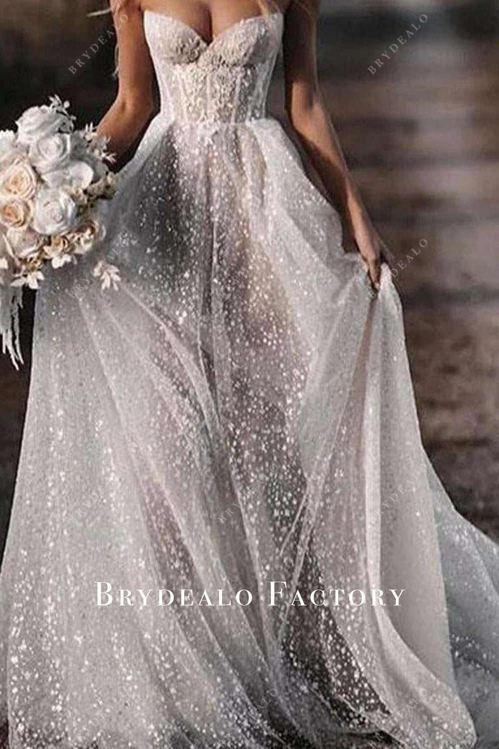 strapless corset wedding dress with flower lace detail