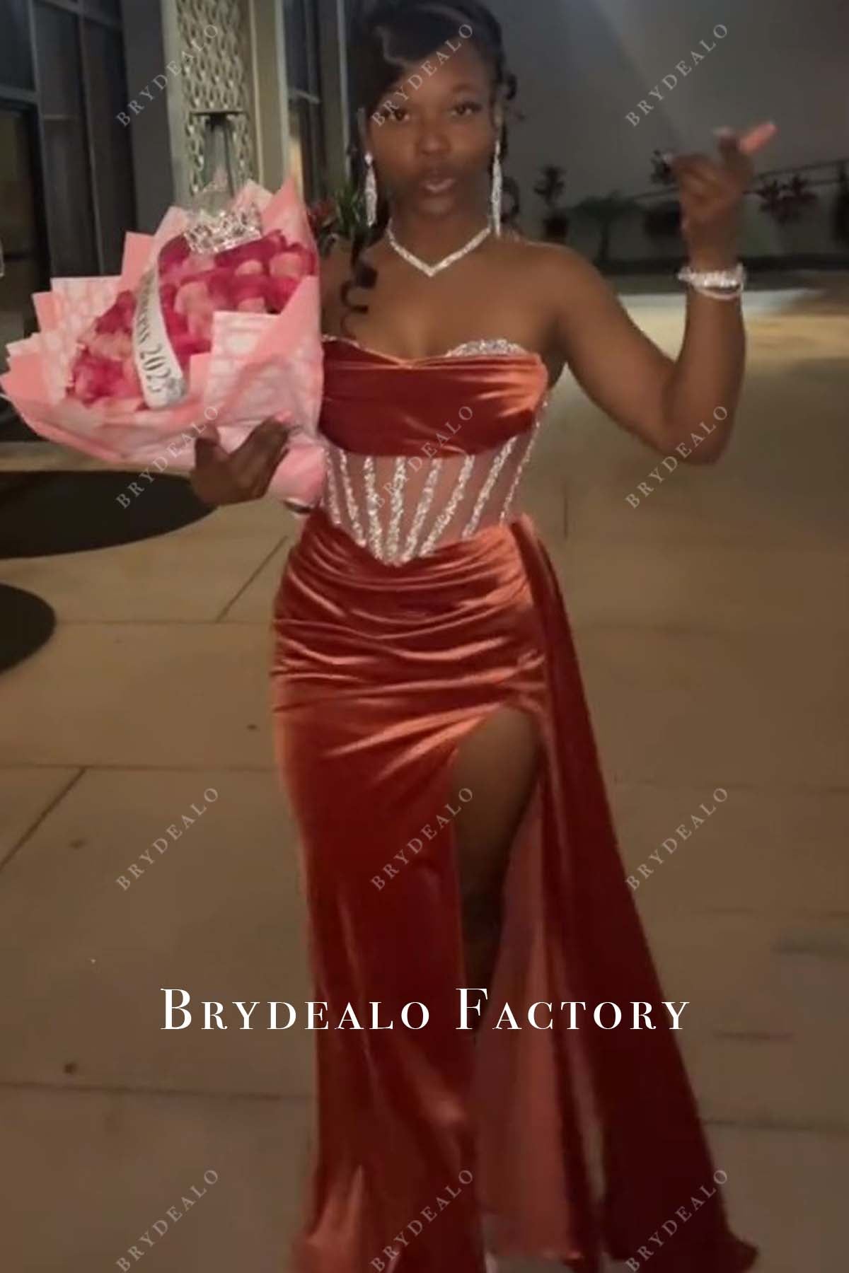 Custom Beading Illusion Corset Maxi Prom Dress