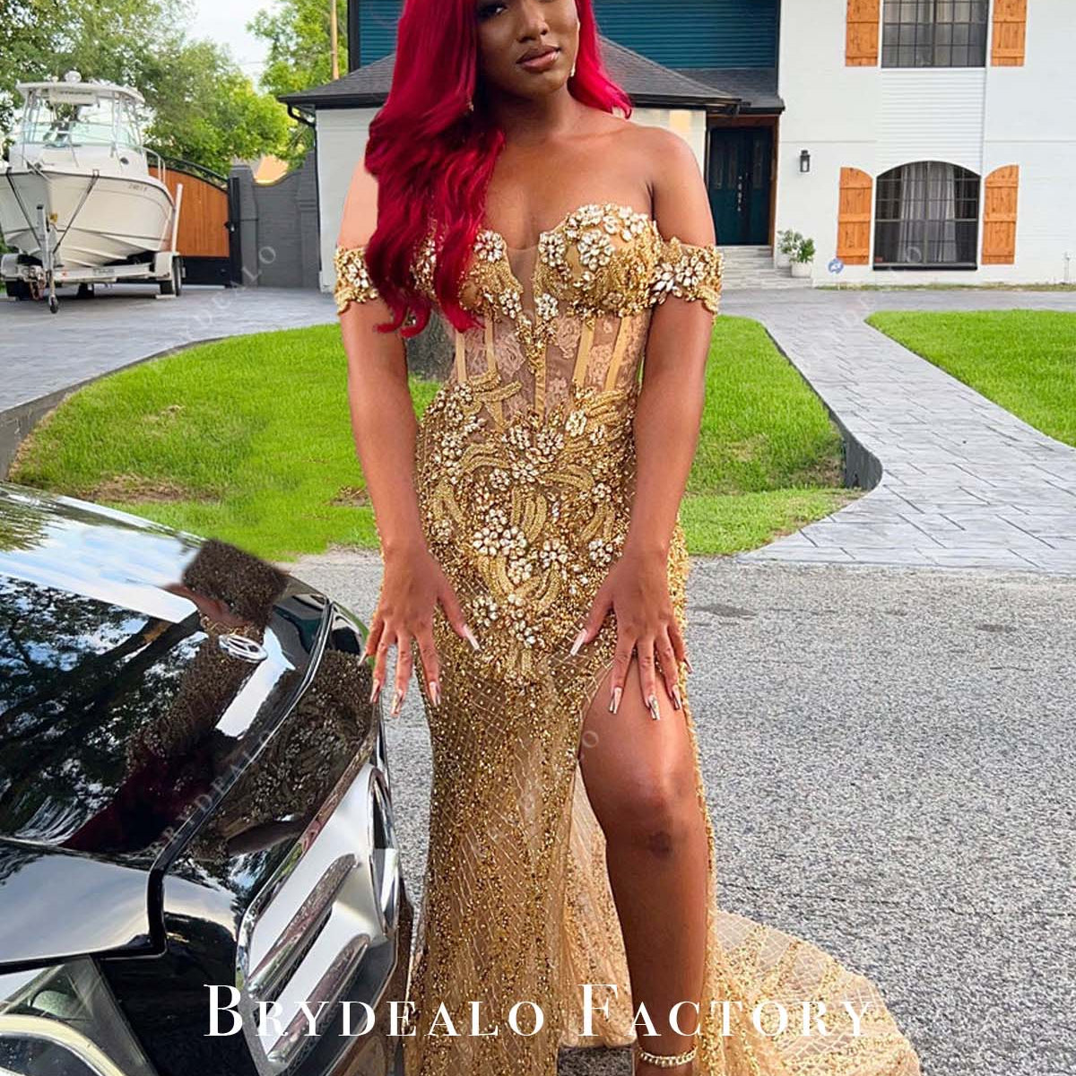 elegant design dresses Slit Corset Beaded Long Formal Prom Dress Adora 3365 Color:BLACK & RED this gown ensures you’ll Size_06 Long Sleeve Dress Shirt