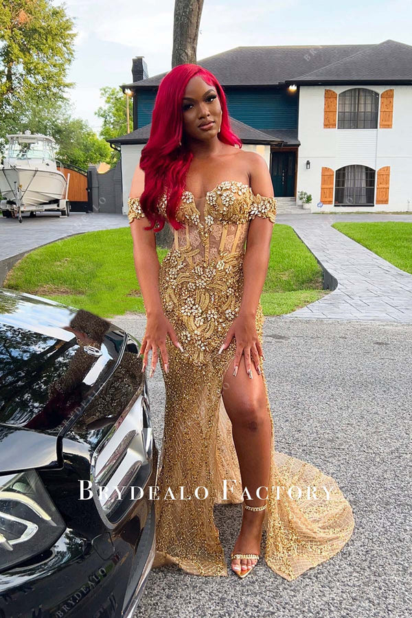 Gold Crystal Corset Bodice Shimmer Prom Dress with High Slit