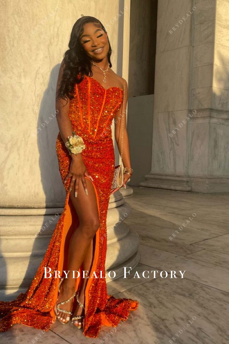 Off The Shoulder Sequined Orange Prom Dress with Sultry High Slit main image 1