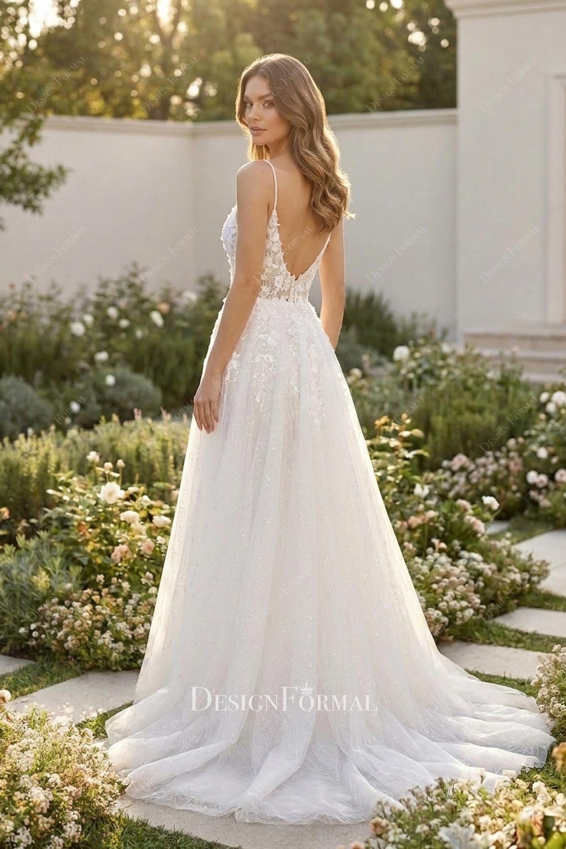 court train glitter tulle wedding dress