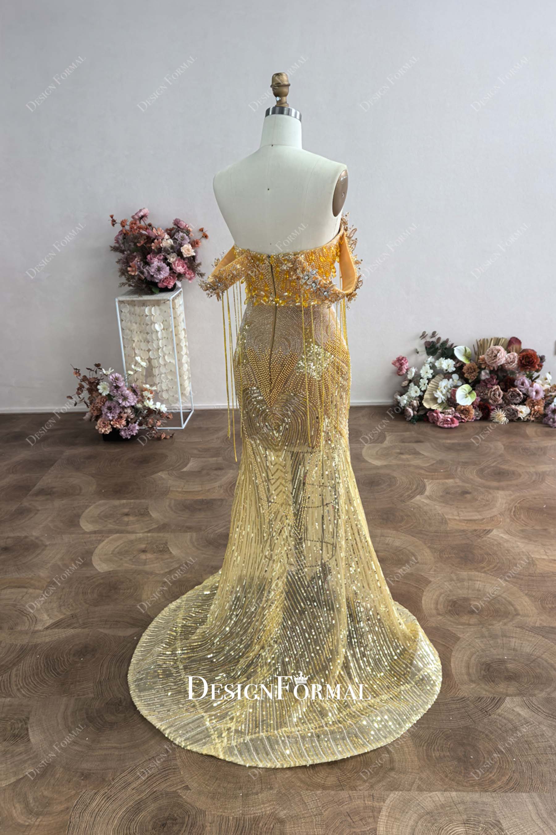 Custom Tassel Off Shoulder Gold Crystal Mermaid Prom Dress