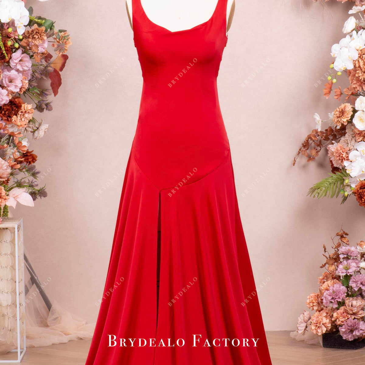 open lace back dress Red Cowl Neck Criss-Cross Back Fit Flare Prom Evening Dress