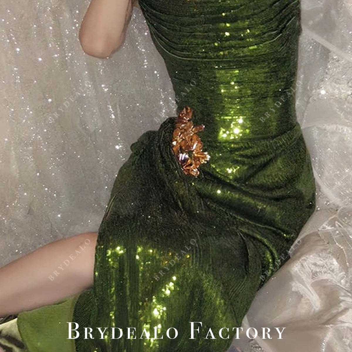 Olive Green Sequin Strapless Slit Long Prom Evening Dress