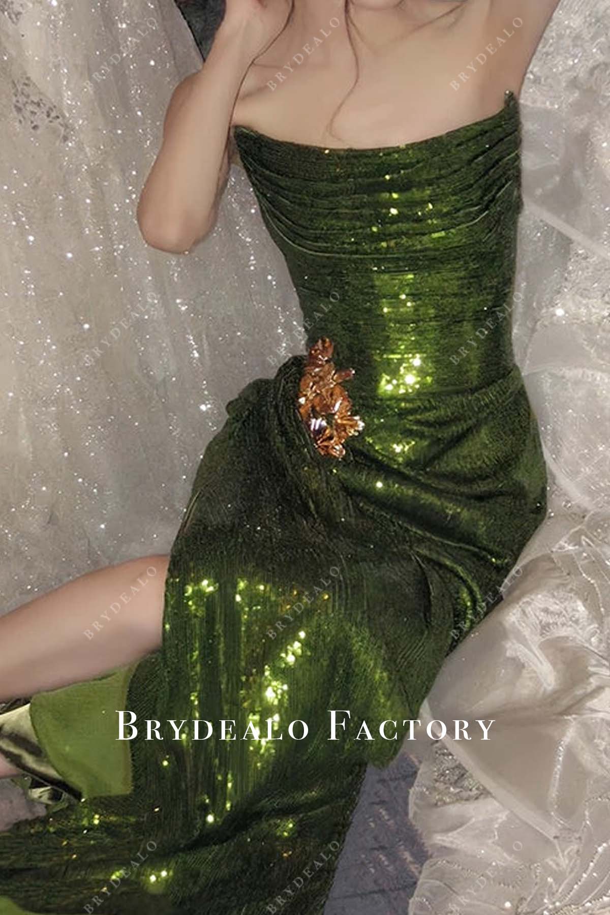strapless olive green sequin slit prom dress