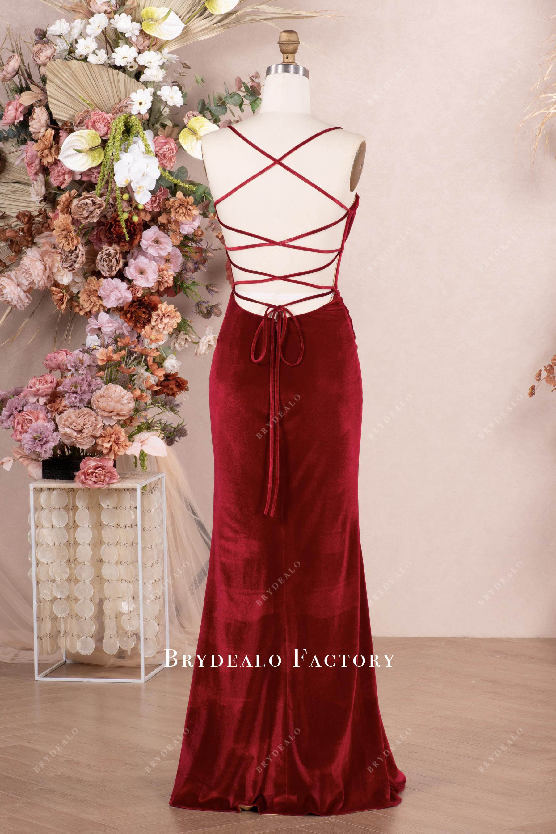 red criss-cross back floor length prom dress