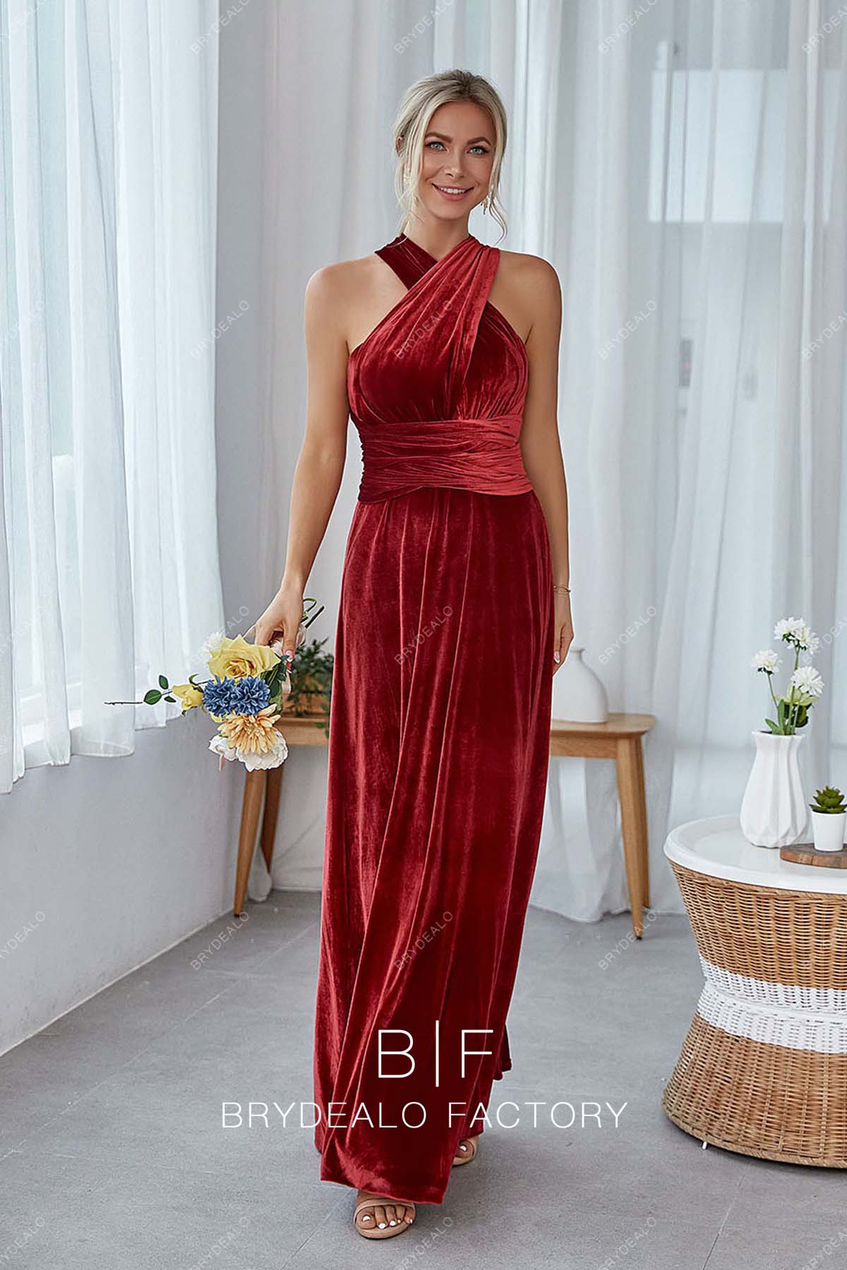 red halter neck floor length Convertible bridesmaid gown