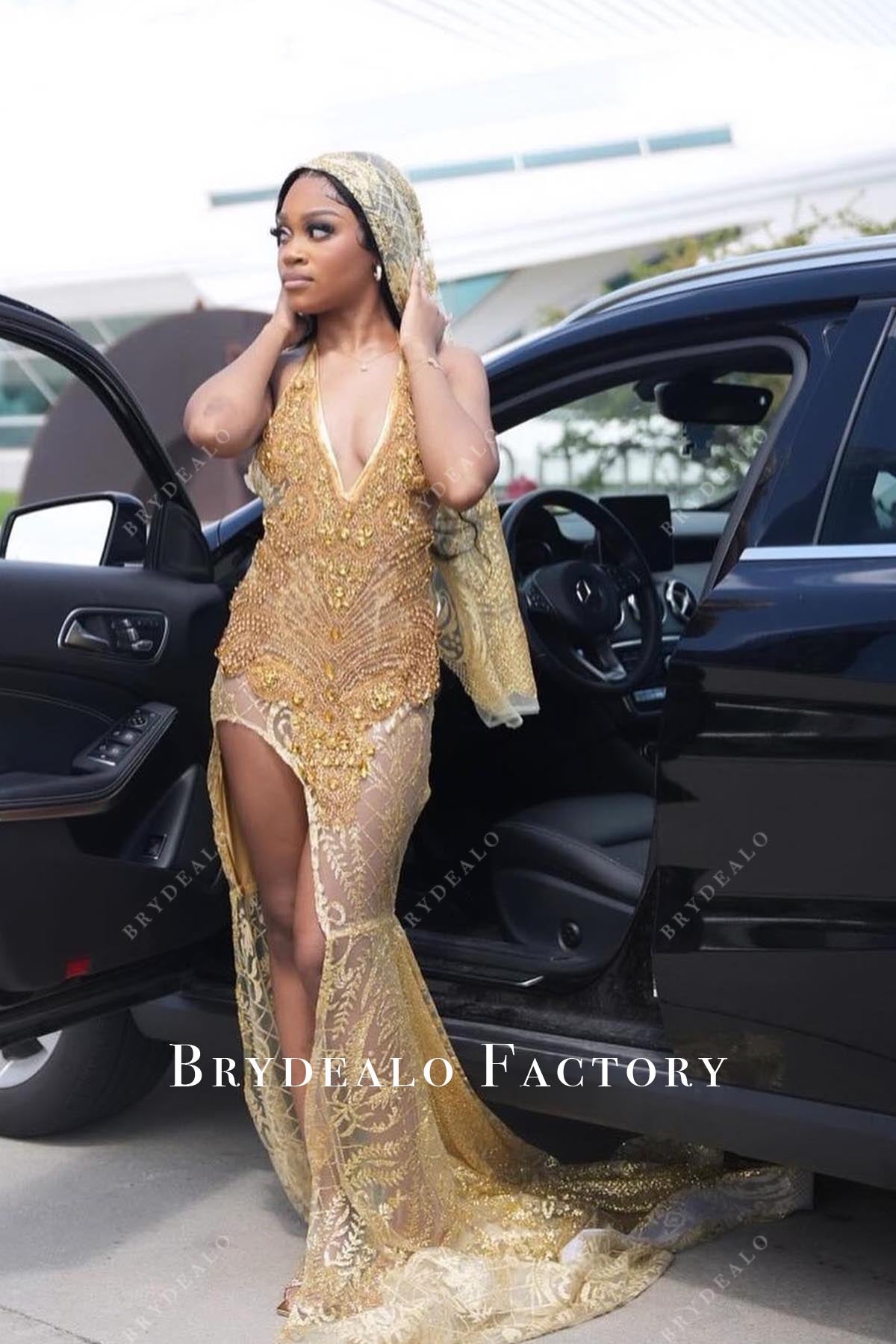 crystal gold slit trumpet prom dress