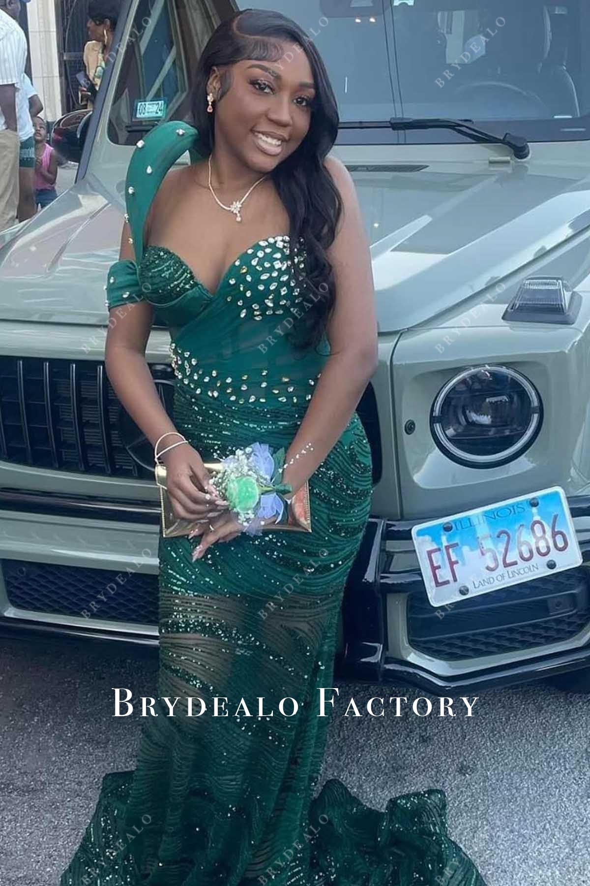 crystal green asymmetrical prom dress