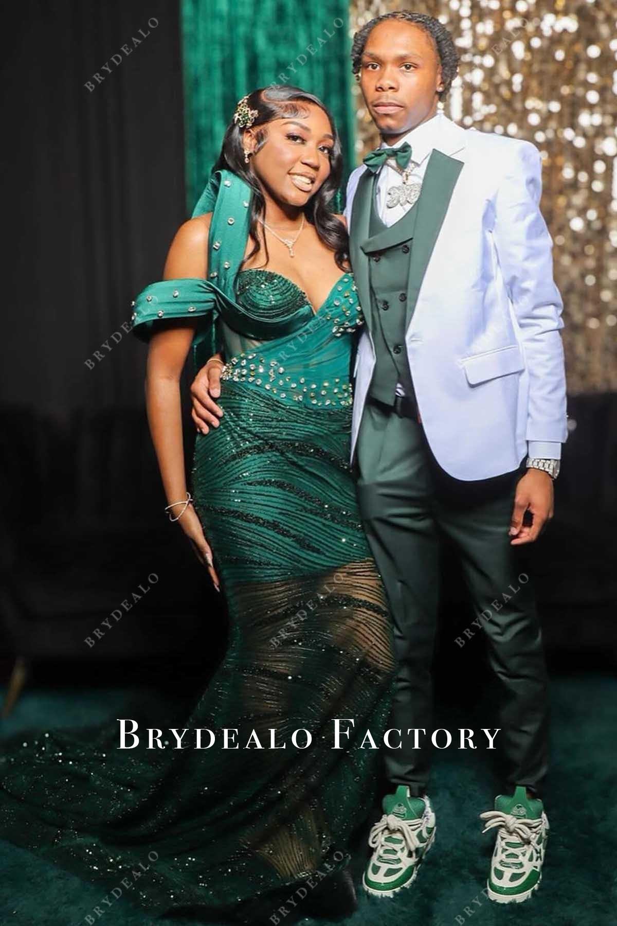 crystal green trumpet prom dress
