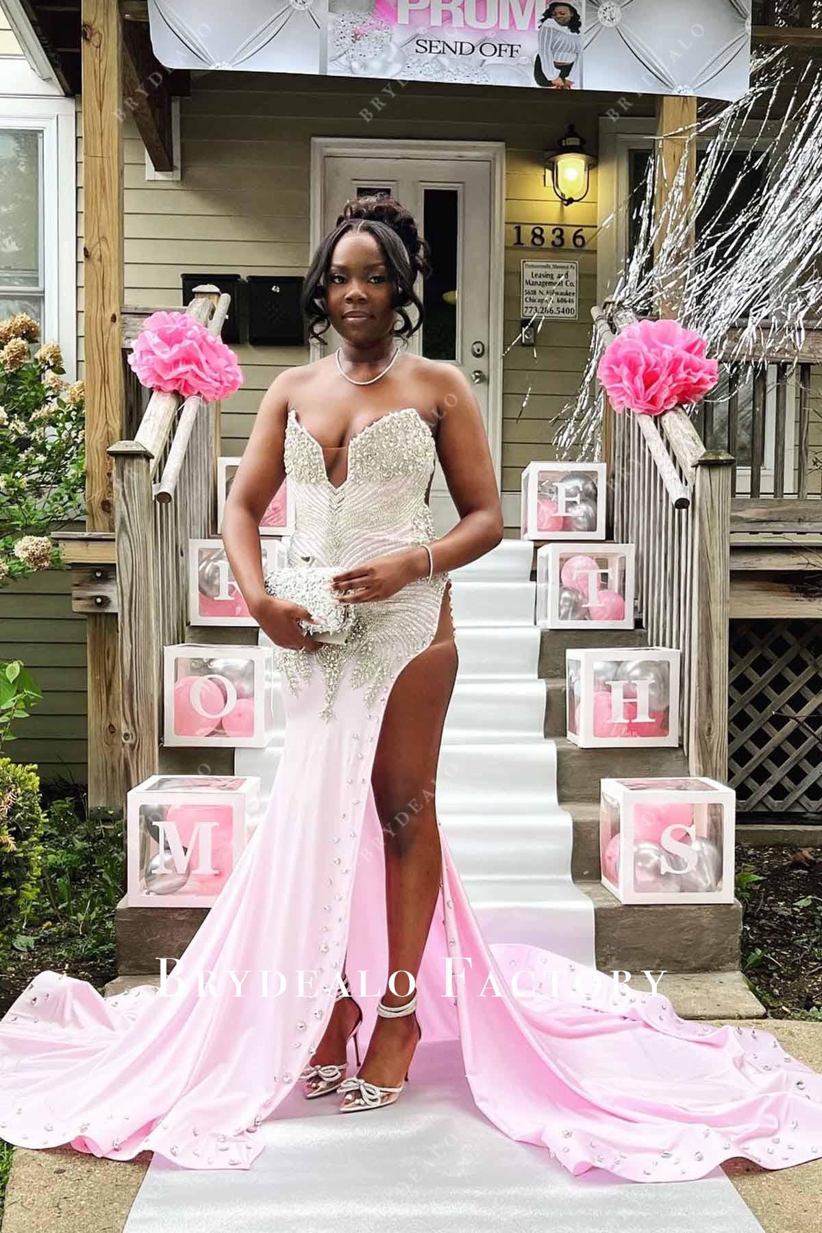 crystal pink strapless prom dress