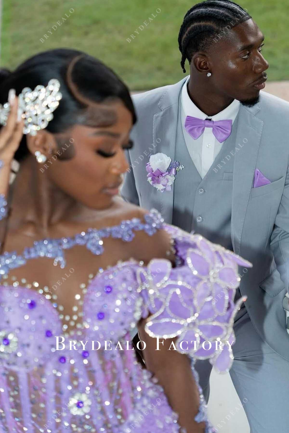 crystal purple illusion sleeves prom dress