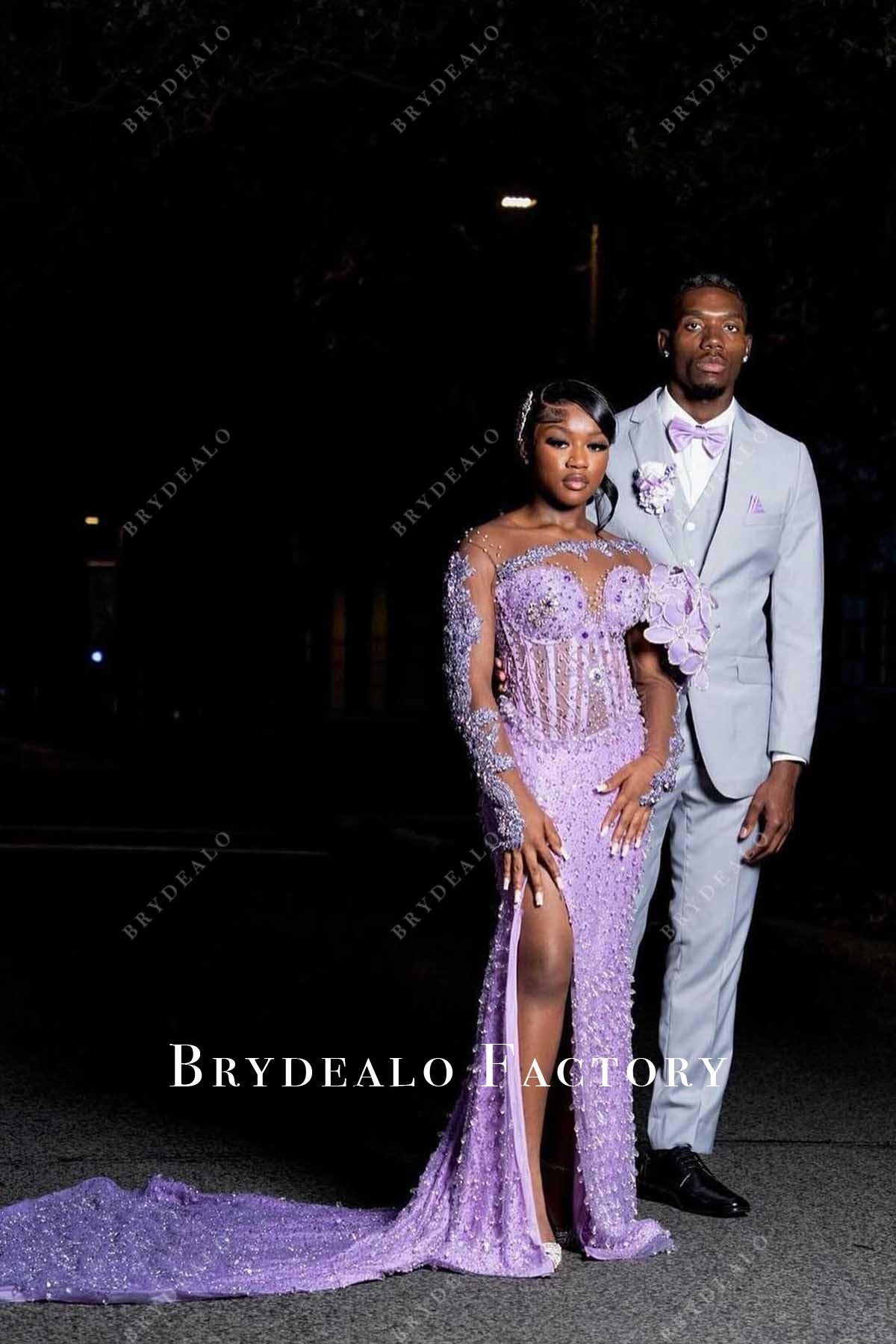 crystal purple slit mermaid prom dress