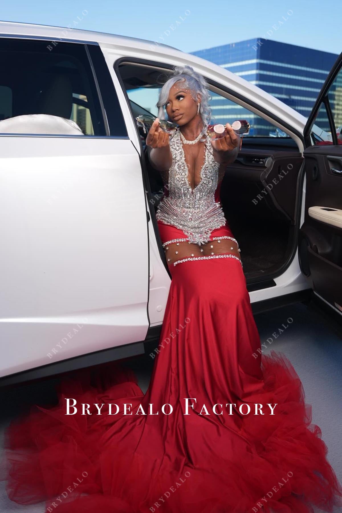 crystal red court train prom dress