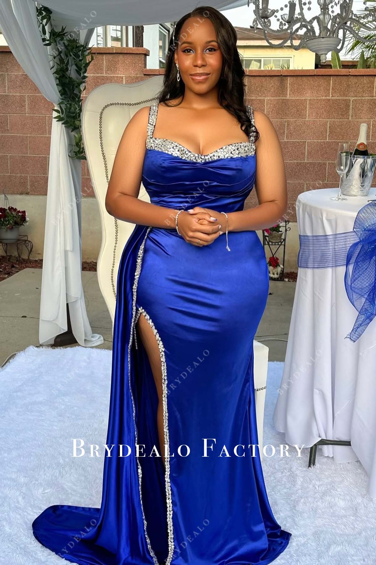 Crystal Straps Custom Satin Slit Fit Flare Prom Dress