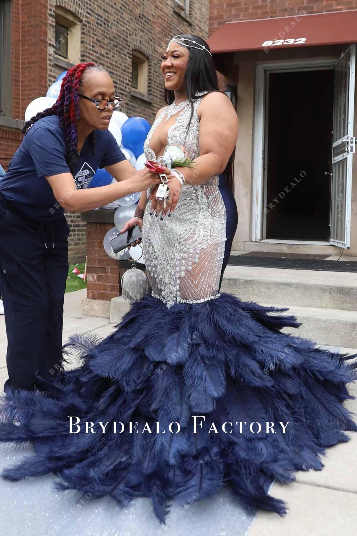 crystal sleeveless trumpet prom dress