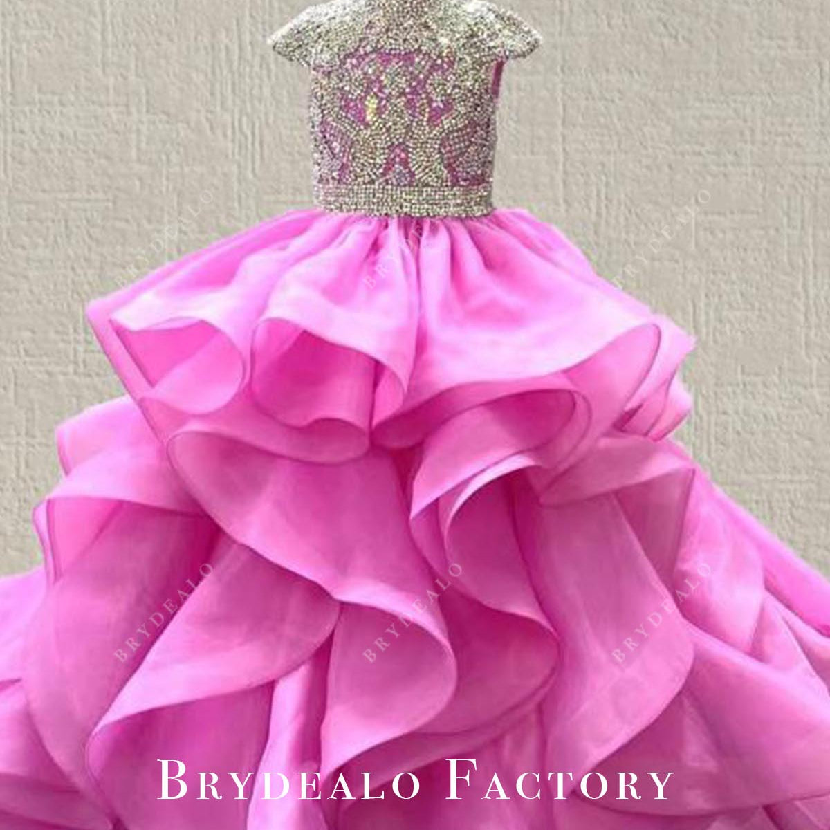 hot pink pageant dress Crystals High Neck Hot Pink Ruffled A-Line Pageant Dress