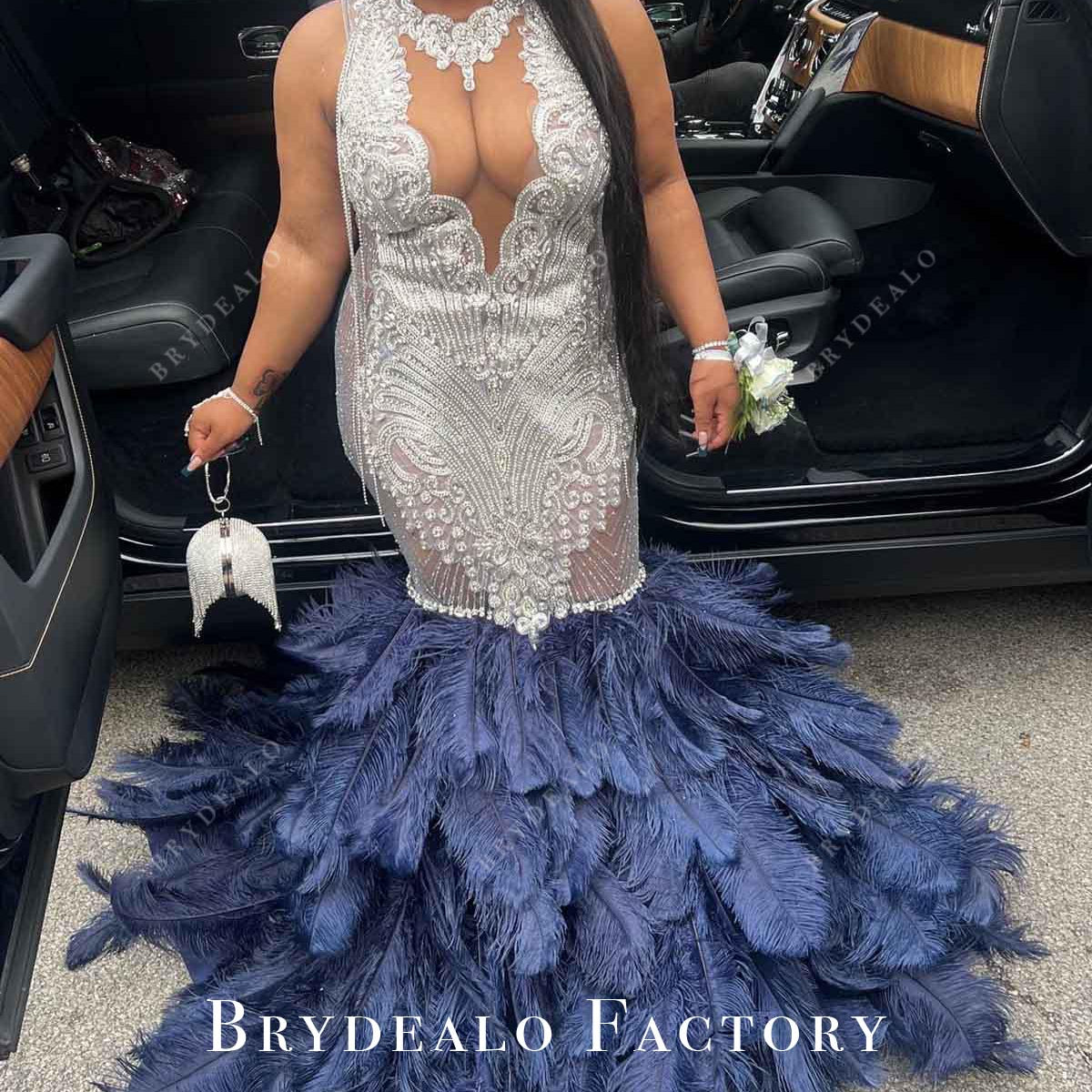 navy blue trumpet dress Beaded Lace & Tulle Drop Waist Trumpet Prom Dress