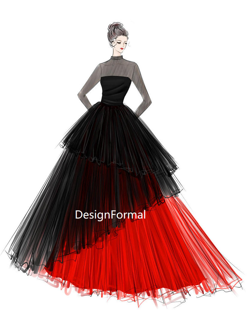 Custom Black Red Tiered Ball Gown Formal Dress