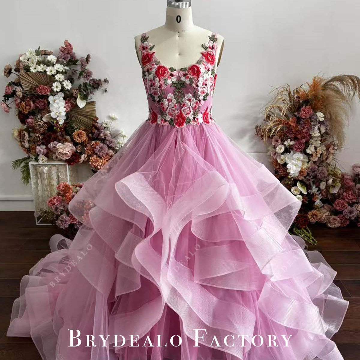 Embroidery Custom Taffy Pink Tulle Ruffled Ball Gown Prom Dress Embroidery Custom Taffy Pink Tulle Ruffled Ball Gown Prom Dress