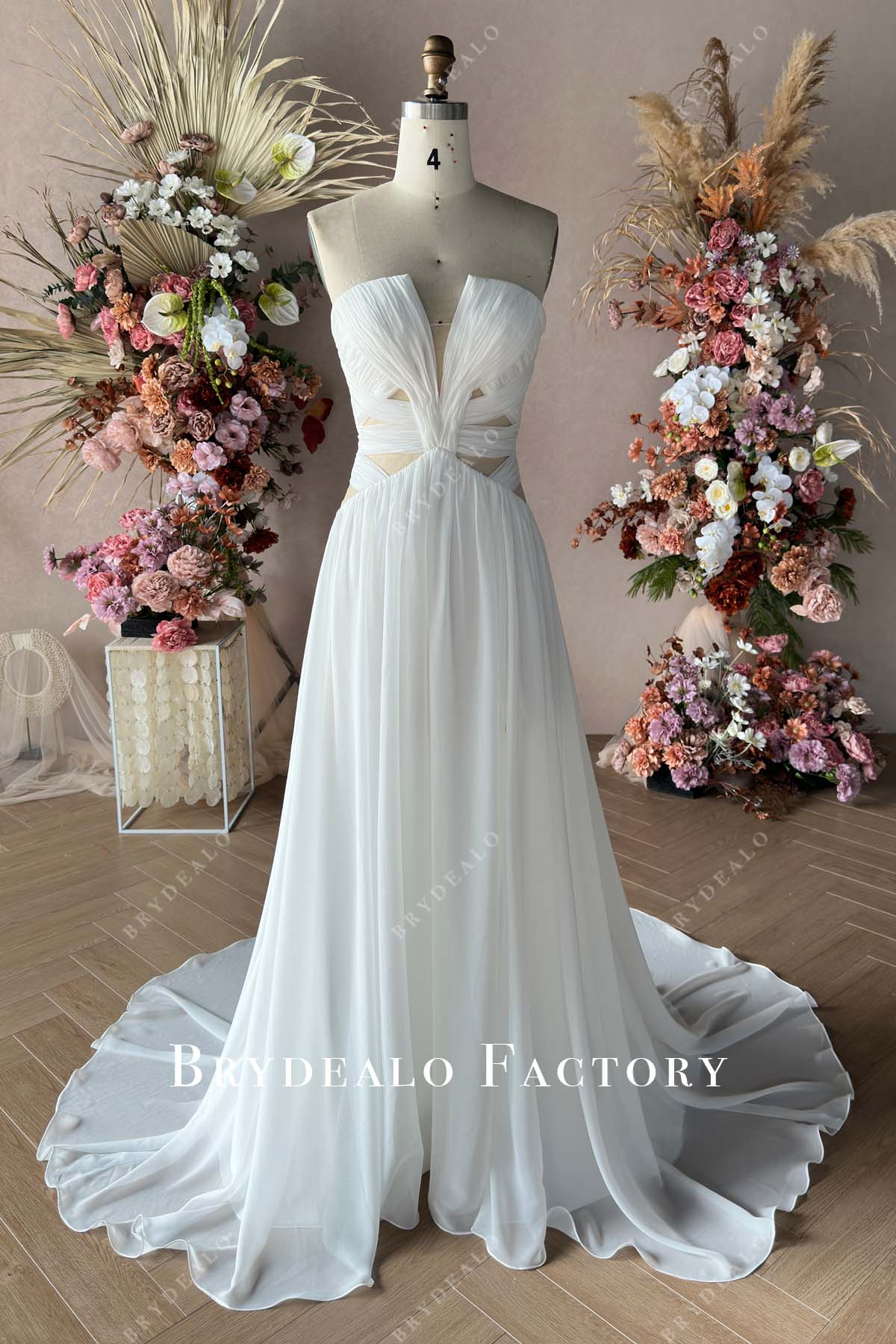 custom pleated white chiffon strapless prom dress