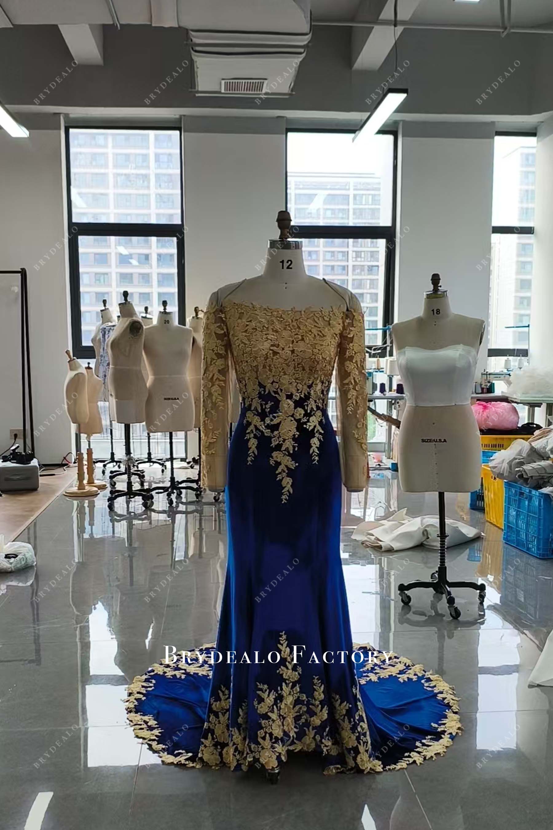 Custom Gold Lace Nude Mesh Royal Blue Mermaid Wedding Reception Dress 