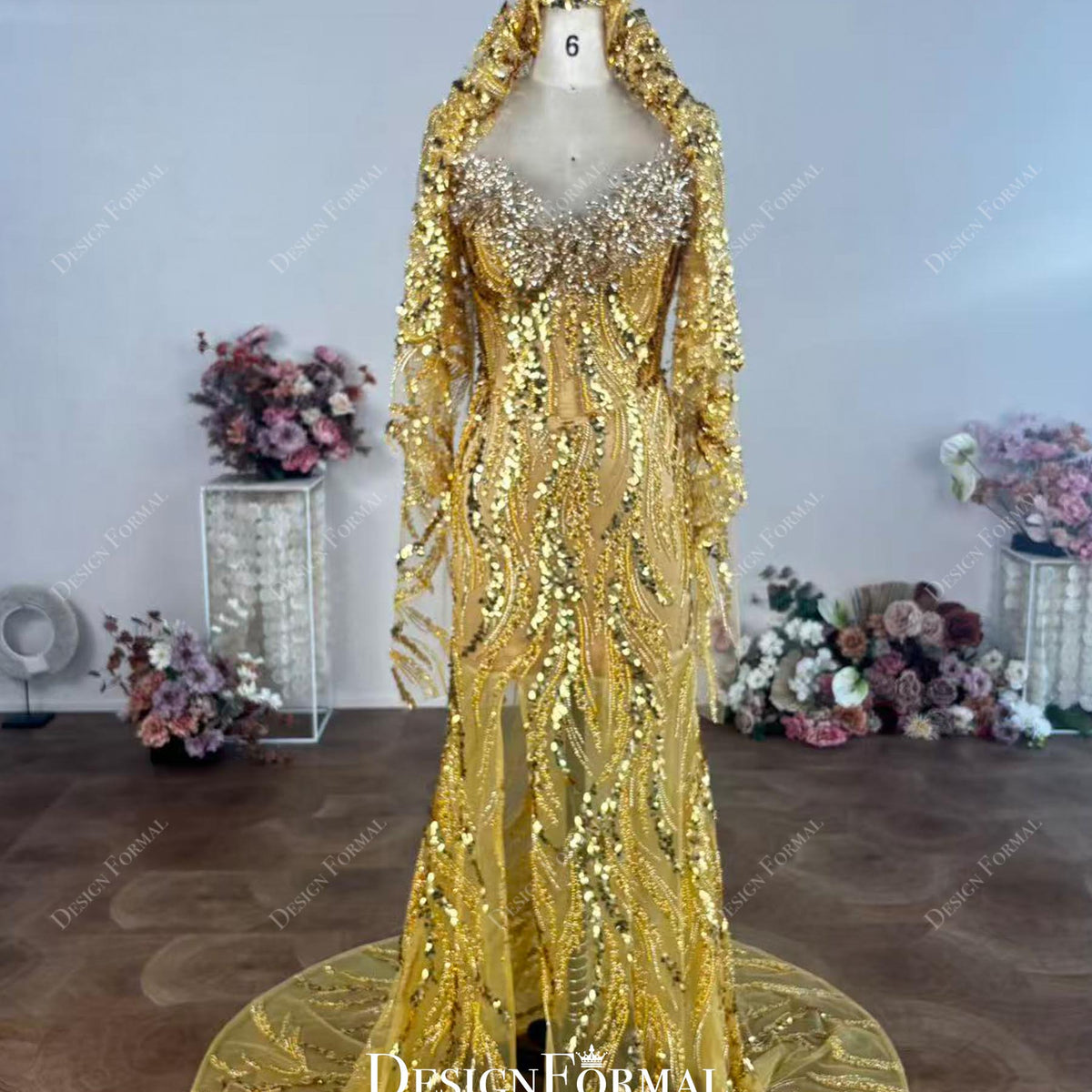 custom gold dress Custom Champagne Adorned Strapless Gold Shimmer Prom Dress, As Picture / Dress + Veil