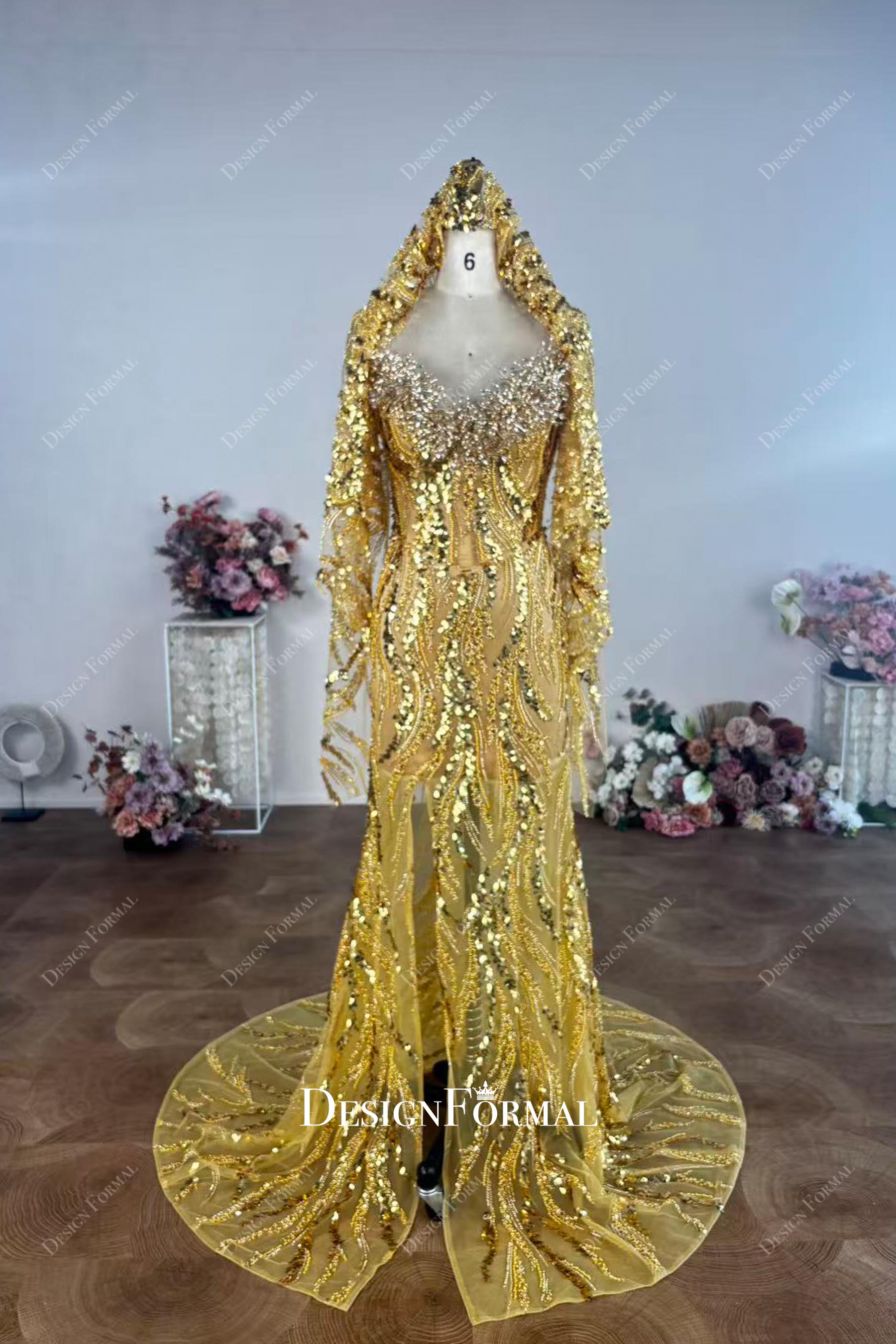 custom gold veil prom dress