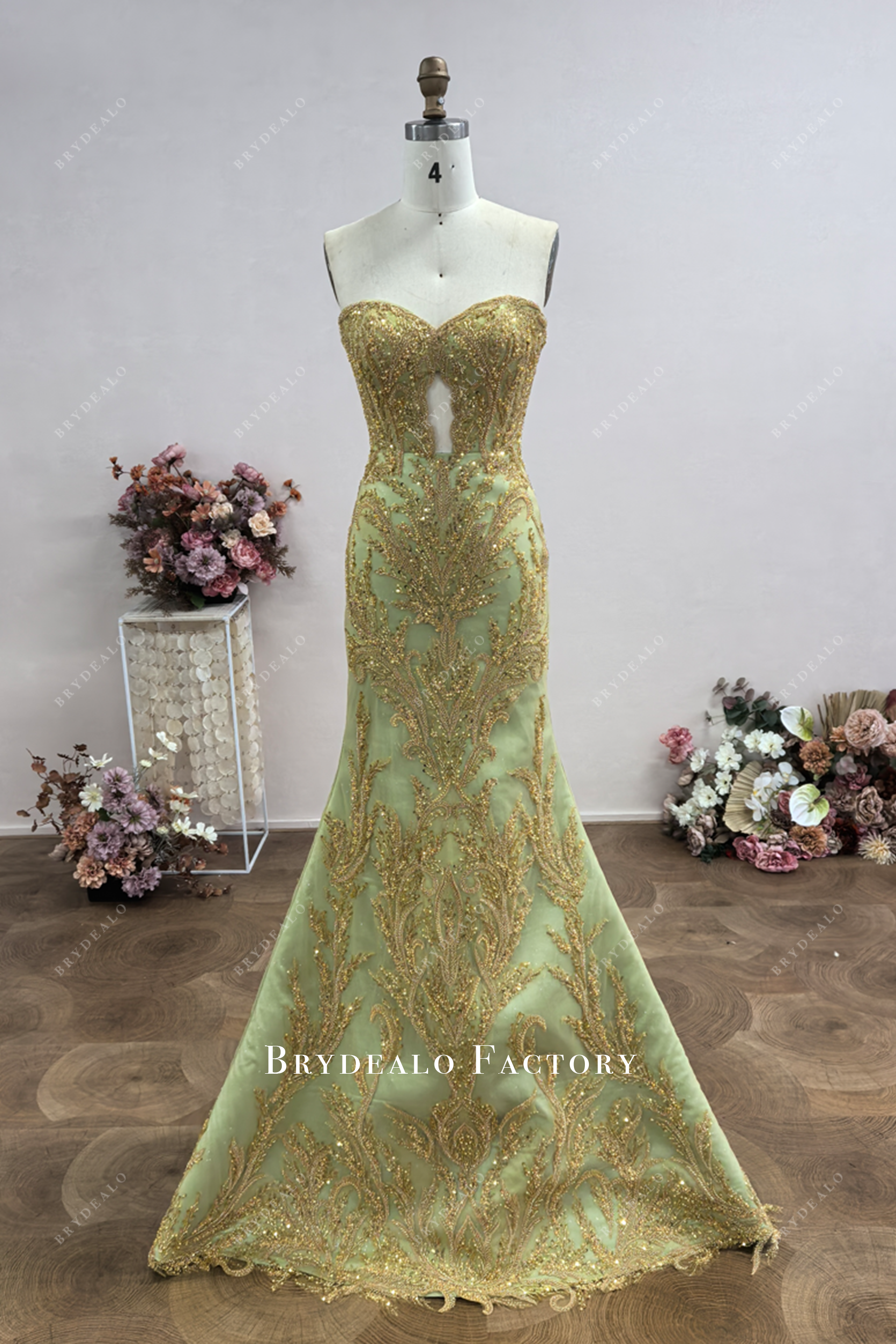 custom mermaid sleeveless gold lace prom dress